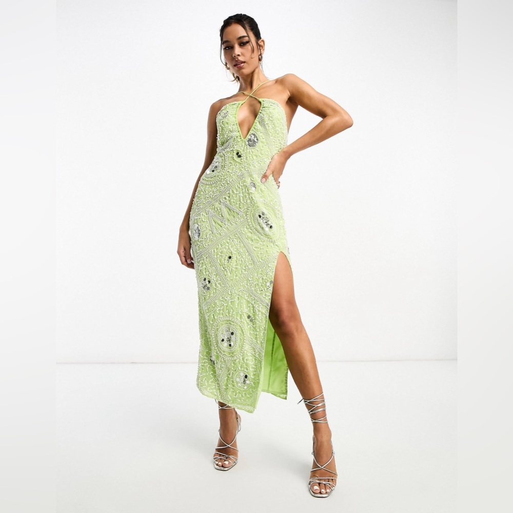 ASOS DESIGN embellished halter midi dress with white beading detail